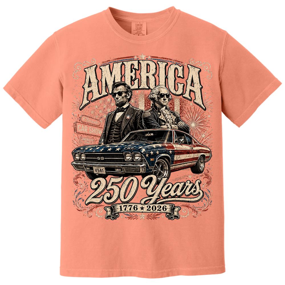 250 Years America Anniversary Classic Car Shirt, George Washington & Lincoln Playing Guitar, Funny 4th of July Tee For Car Lovers Hv01