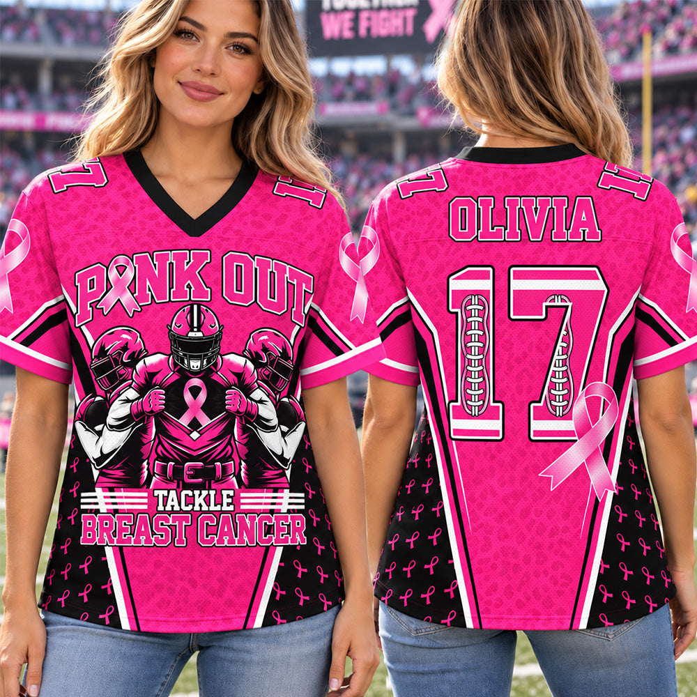 Custom Pink Out Tackle Breast Cancer Football Jersey Personalized Name & Number Shirt H2511 Trna