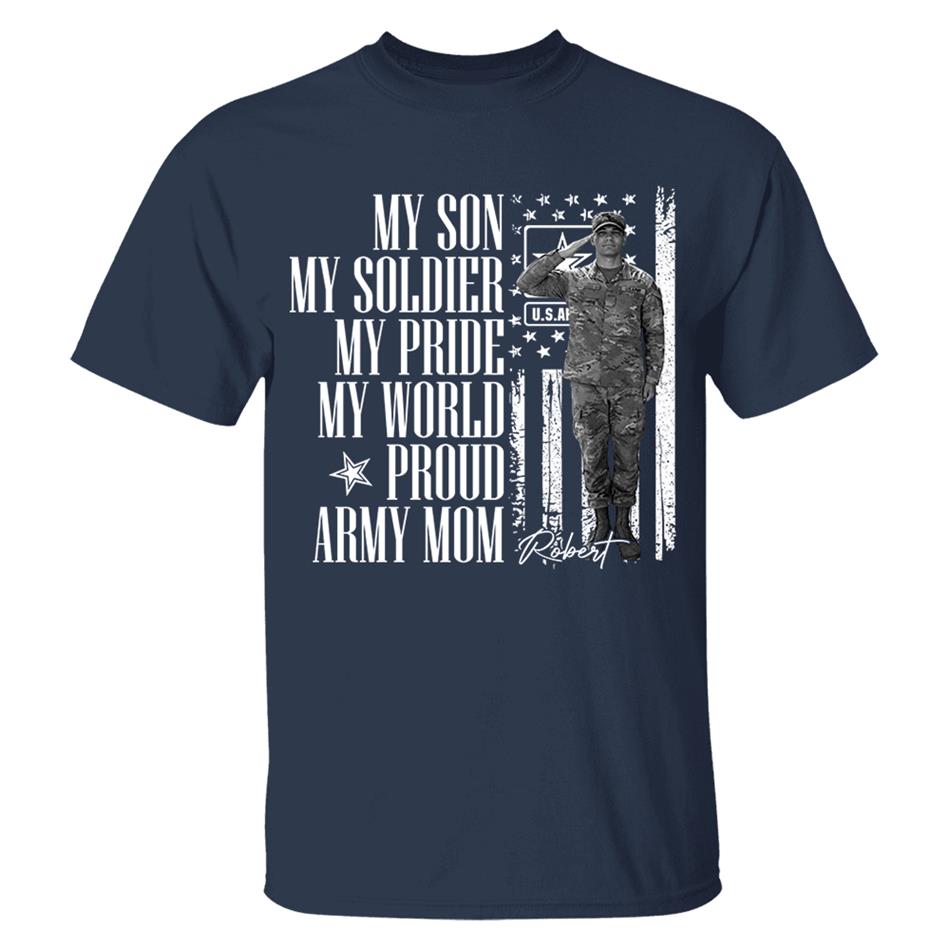 He Is Not Just A Soldier He Is My Son Grunge Flag Retro Vintage Photo - Personalized Shirt Custom Graduate Picture Shirt Military Family Matching Shirt H2511 Trna