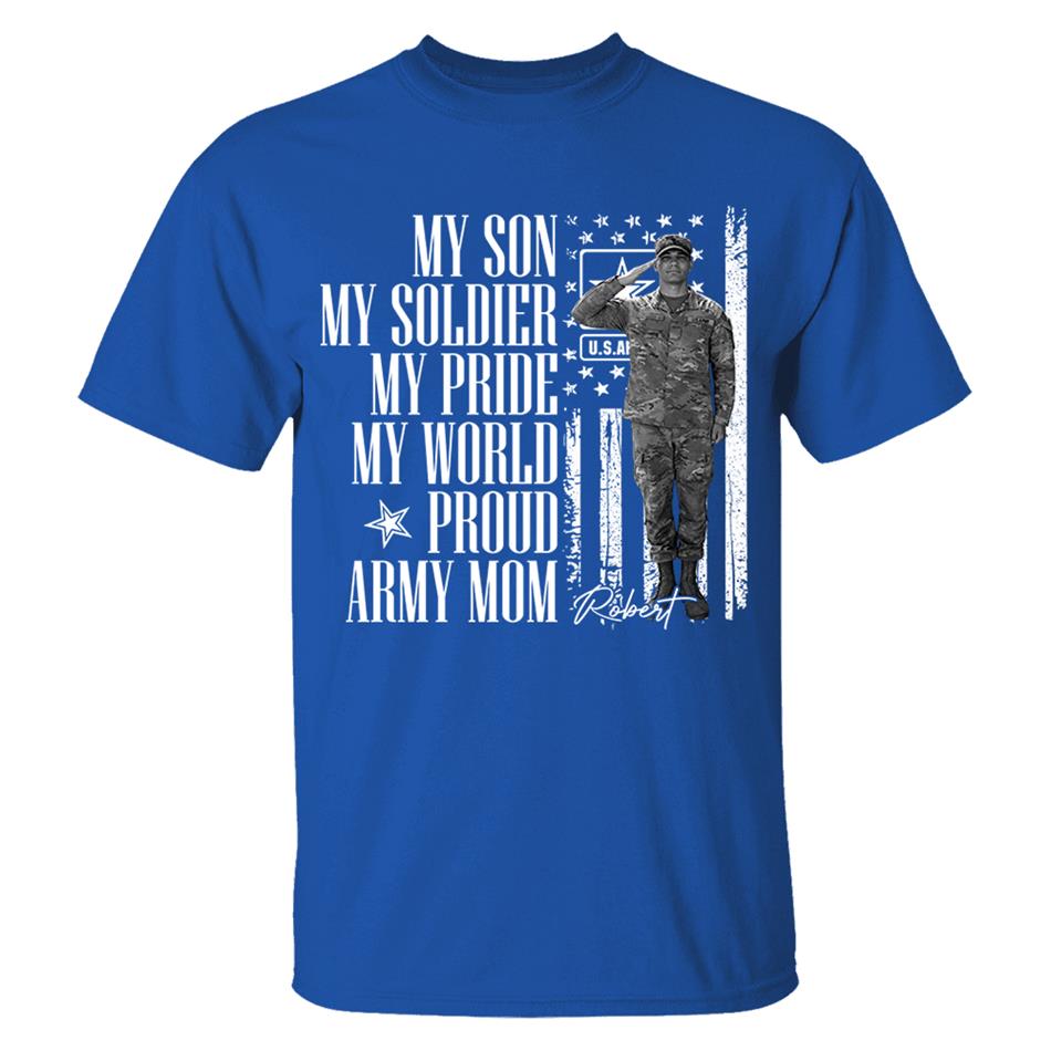 He Is Not Just A Soldier He Is My Son Grunge Flag Retro Vintage Photo - Personalized Shirt Custom Graduate Picture Shirt Military Family Matching Shirt H2511 Trna