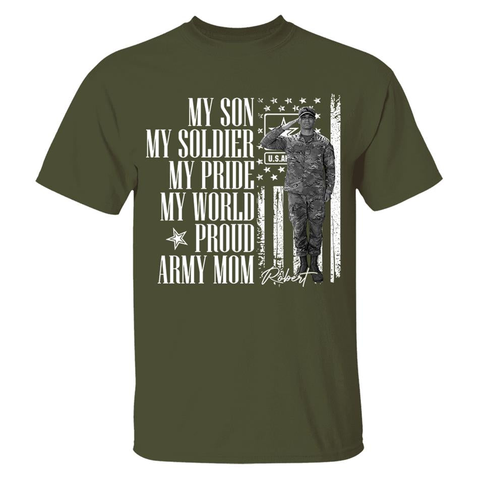He Is Not Just A Soldier He Is My Son Grunge Flag Retro Vintage Photo - Personalized Shirt Custom Graduate Picture Shirt Military Family Matching Shirt H2511 Trna