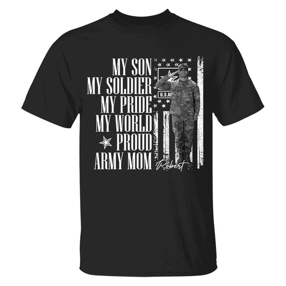 He Is Not Just A Soldier He Is My Son Grunge Flag Retro Vintage Photo - Personalized Shirt Custom Graduate Picture Shirt Military Family Matching Shirt H2511 Trna