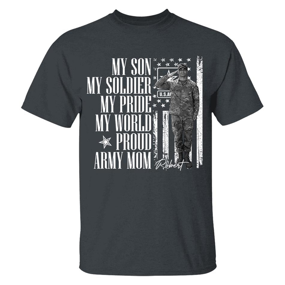 He Is Not Just A Soldier He Is My Son Grunge Flag Retro Vintage Photo - Personalized Shirt Custom Graduate Picture Shirt Military Family Matching Shirt H2511 Trna