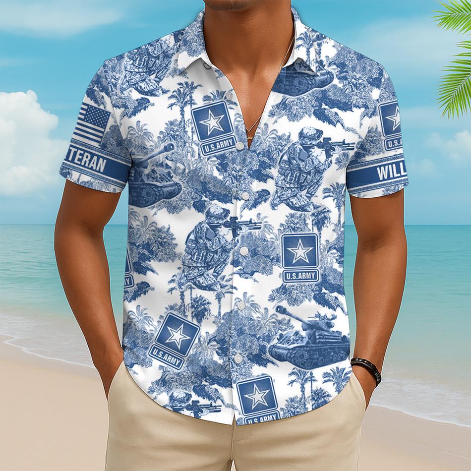 Personalized Hawaiian Shirt Jungle Tropical Palms Gift For Veteran Summer 2025 Shirt Custom All Military Branches Logo H2511 Trna