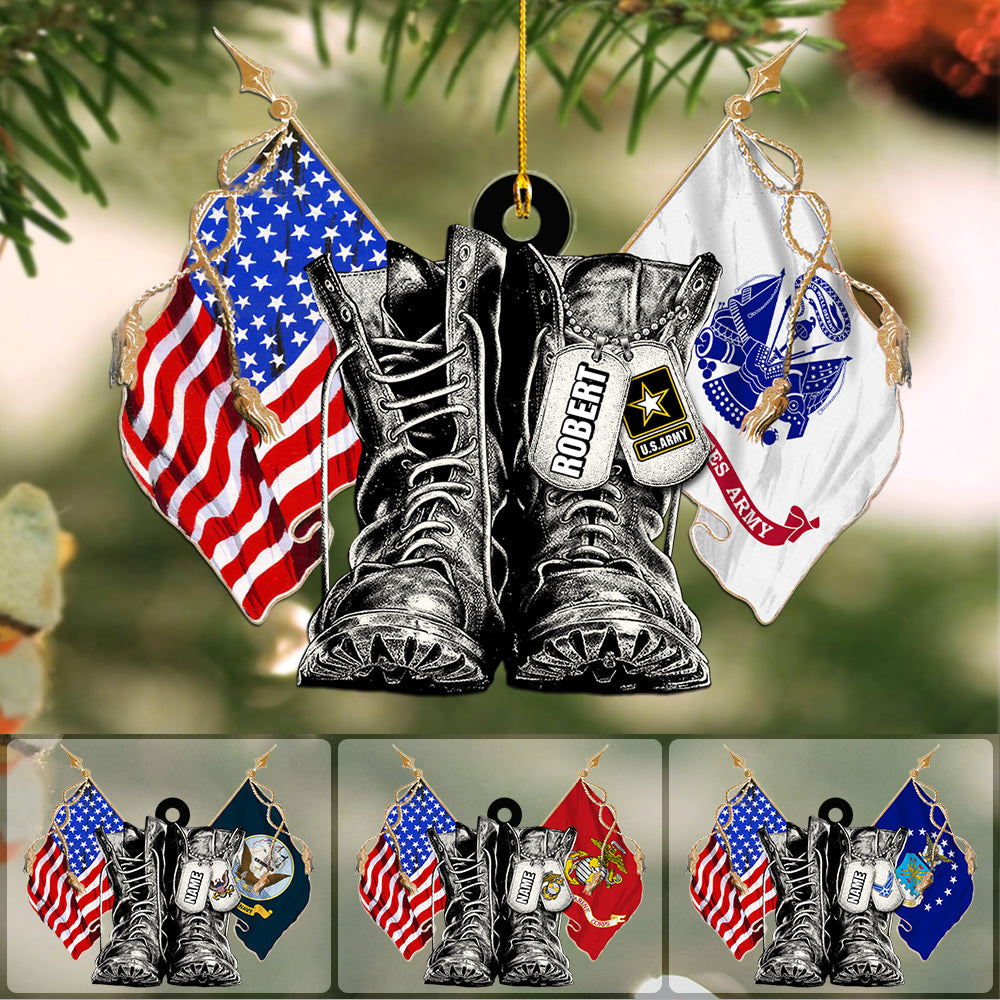 Personalized Christmas Ornament With Name & Military Branch Flag Combat Boots Xmas Gift For Military Family Member H2511 Trna