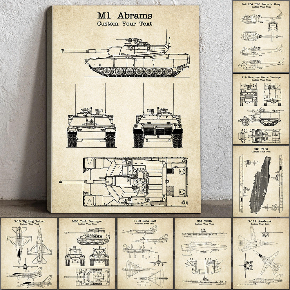 Vintage Military Vehicle Blueprint Poster Canvas Wall Art Print Memorabilia Wall Decor Gifts for Veterans H2511