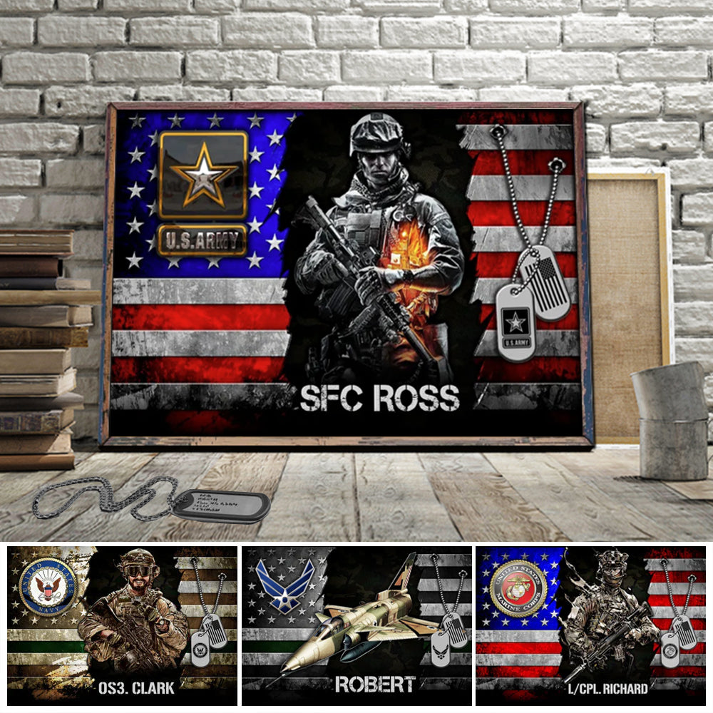 Personalized Gift For Veteran Custom Gift For Veteran Half Thin Green Line American Metal Flag Poster Canvas For Veterans H2511