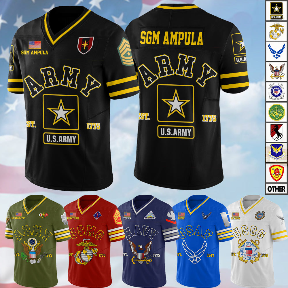 US Military Football Jersey Custom All Branches Rank Division Name For Military Retirement Veteran Dad Grandpa H2511