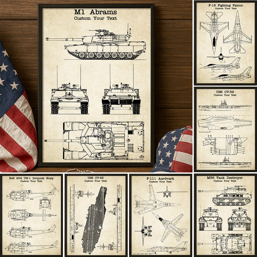 Vintage Military Vehicle Blueprint Poster Canvas Wall Art Print Memorabilia Wall Decor Gifts for Veterans H2511