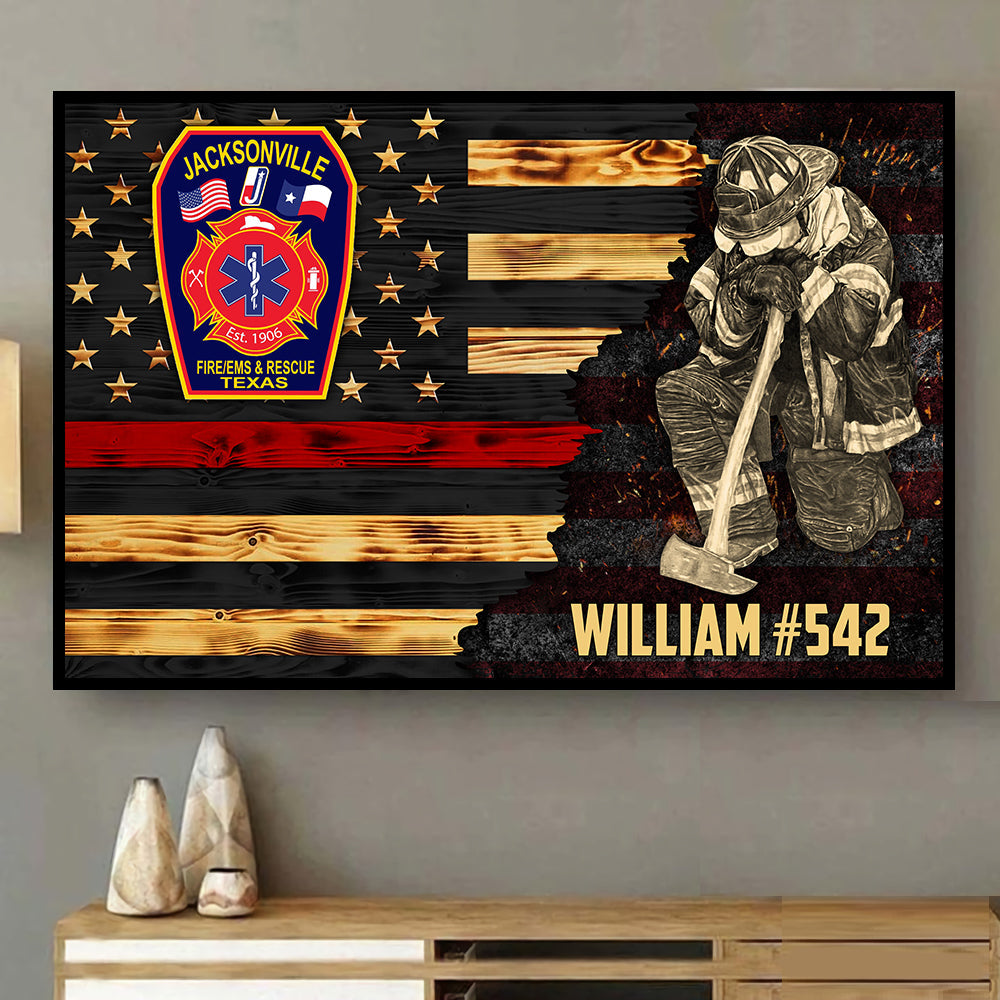 Personalized Poster Canvas For Firefighter Custom Logo Name Number Poster Canvas For Firefighter Half Thin Red Line Fireman H2511