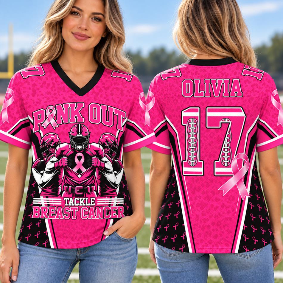 Custom Pink Out Tackle Breast Cancer Football Jersey Personalized Name & Number Shirt H2511 Trna