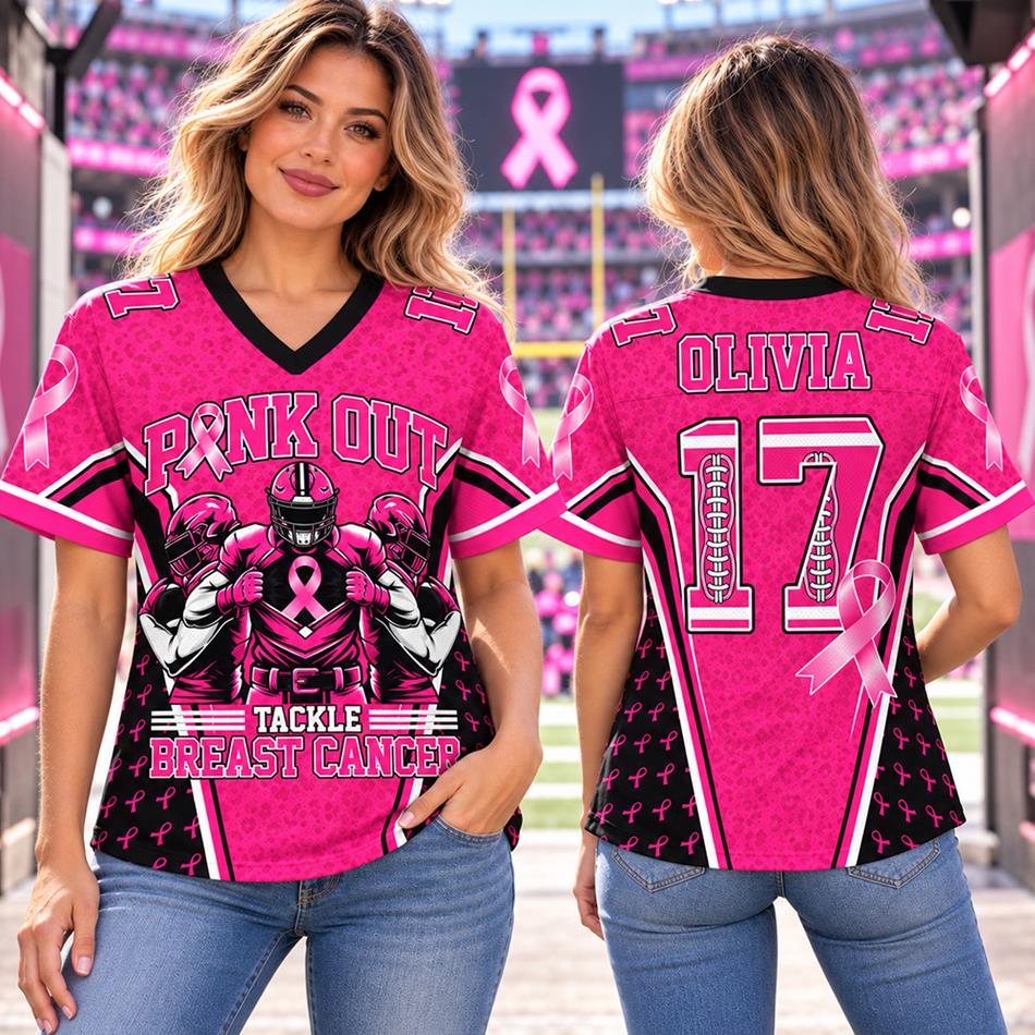 Custom Pink Out Tackle Breast Cancer Football Jersey Personalized Name & Number Shirt H2511 Trna