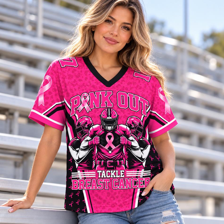 Custom Pink Out Tackle Breast Cancer Football Jersey Personalized Name & Number Shirt H2511 Trna