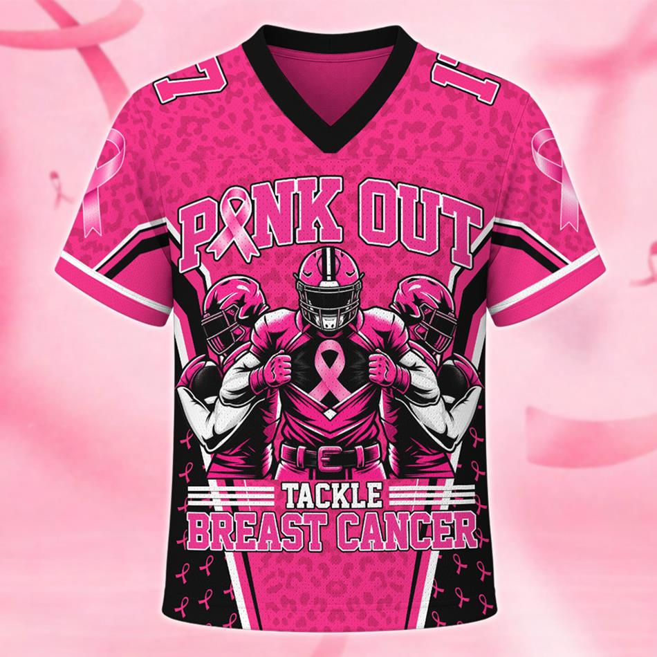 Custom Pink Out Tackle Breast Cancer Football Jersey Personalized Name & Number Shirt H2511 Trna