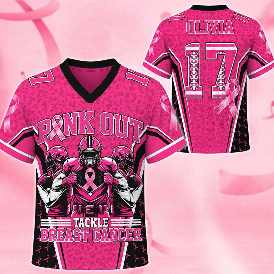 Custom Pink Out Tackle Breast Cancer Football Jersey Personalized Name & Number Shirt H2511 Trna