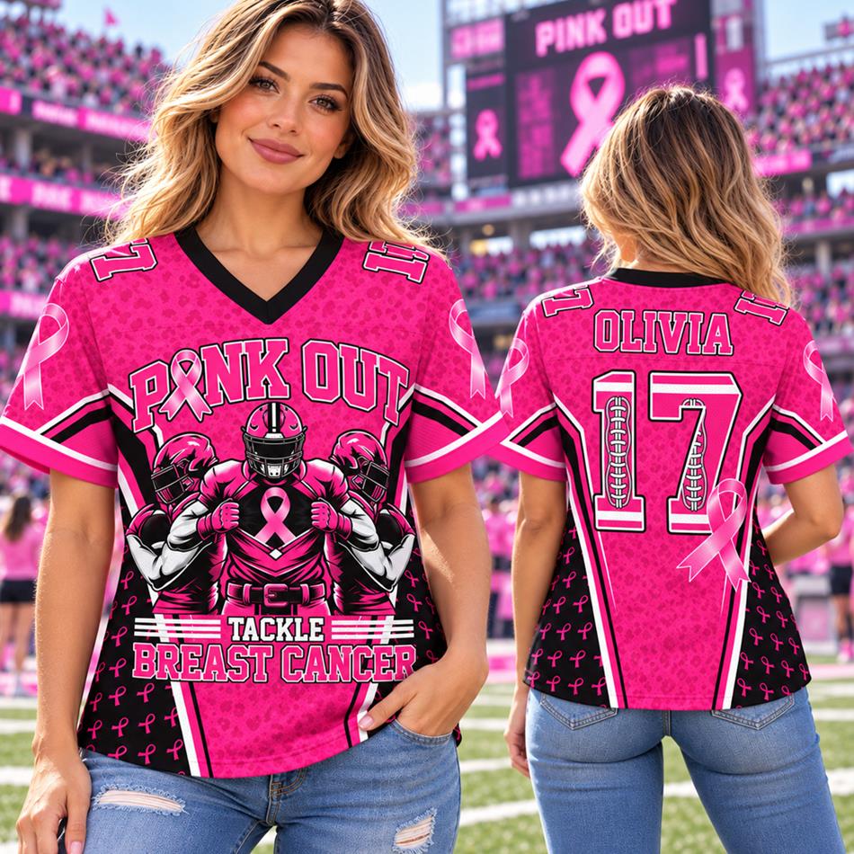 Custom Pink Out Tackle Breast Cancer Football Jersey Personalized Name & Number Shirt H2511 Trna