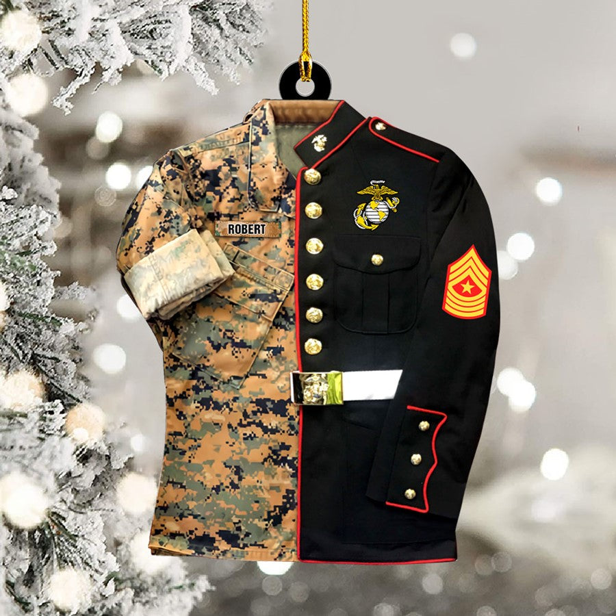 US Military Camouflage and Dress Blues Uniform Personalized Acrylic Christmas Ornament Gift for Dad Grandpa H2511 Trna