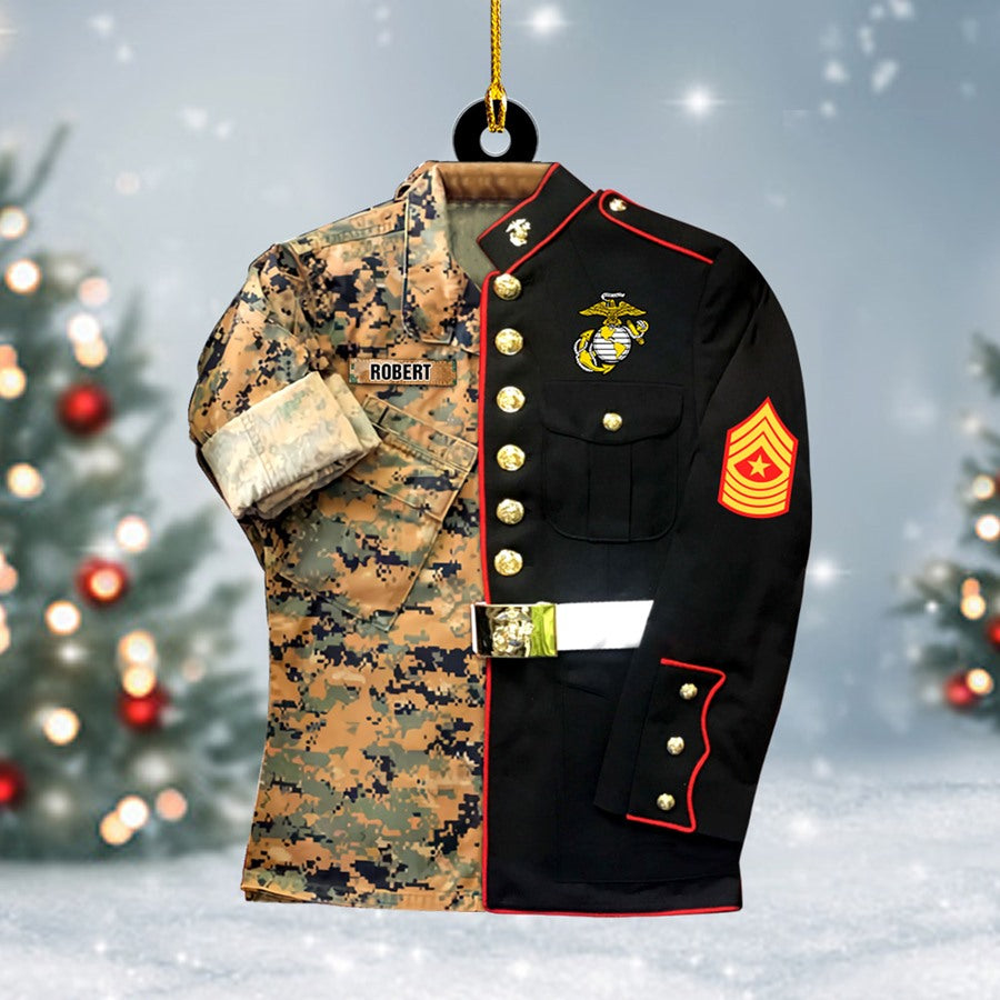 US Military Camouflage and Dress Blues Uniform Personalized Acrylic Christmas Ornament Gift for Dad Grandpa H2511 Trna