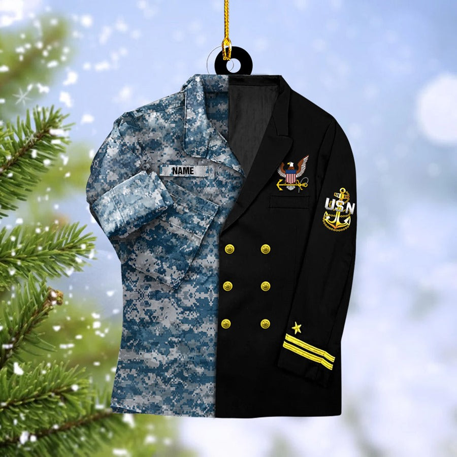 US Military Camouflage and Dress Blues Uniform Personalized Acrylic Christmas Ornament Gift for Dad Grandpa H2511 Trna