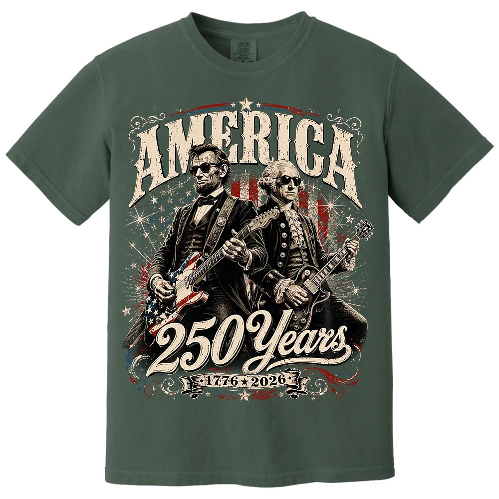 250 Years America Anniversary Guitar Shirt, George Washington & Lincoln Playing Guitar, Funny 4th of July Rock Tee Hv01