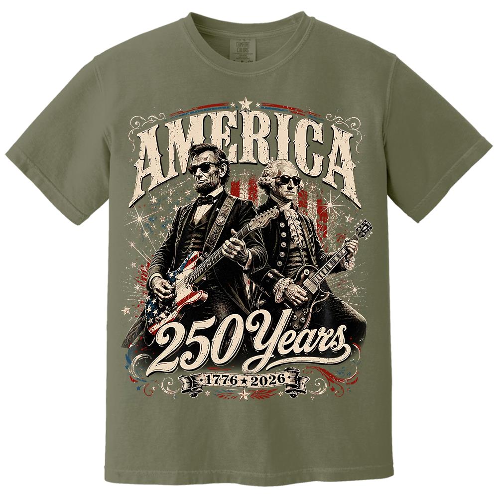 250 Years America Anniversary Guitar Shirt, George Washington & Lincoln Playing Guitar, Funny 4th of July Rock Tee Hv01