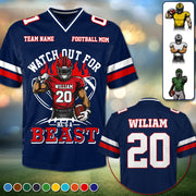 Watch Out for He’s a Beast Personalized Football Mom Jersey Custom Team Name & Player Number Shirt Na02 Pt99