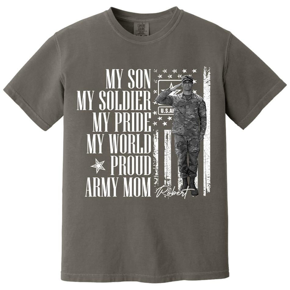 He Is Not Just A Soldier He Is My Son Grunge Flag Retro Vintage Photo - Personalized Shirt Custom Graduate Picture Shirt Military Family Matching Shirt H2511 Trna