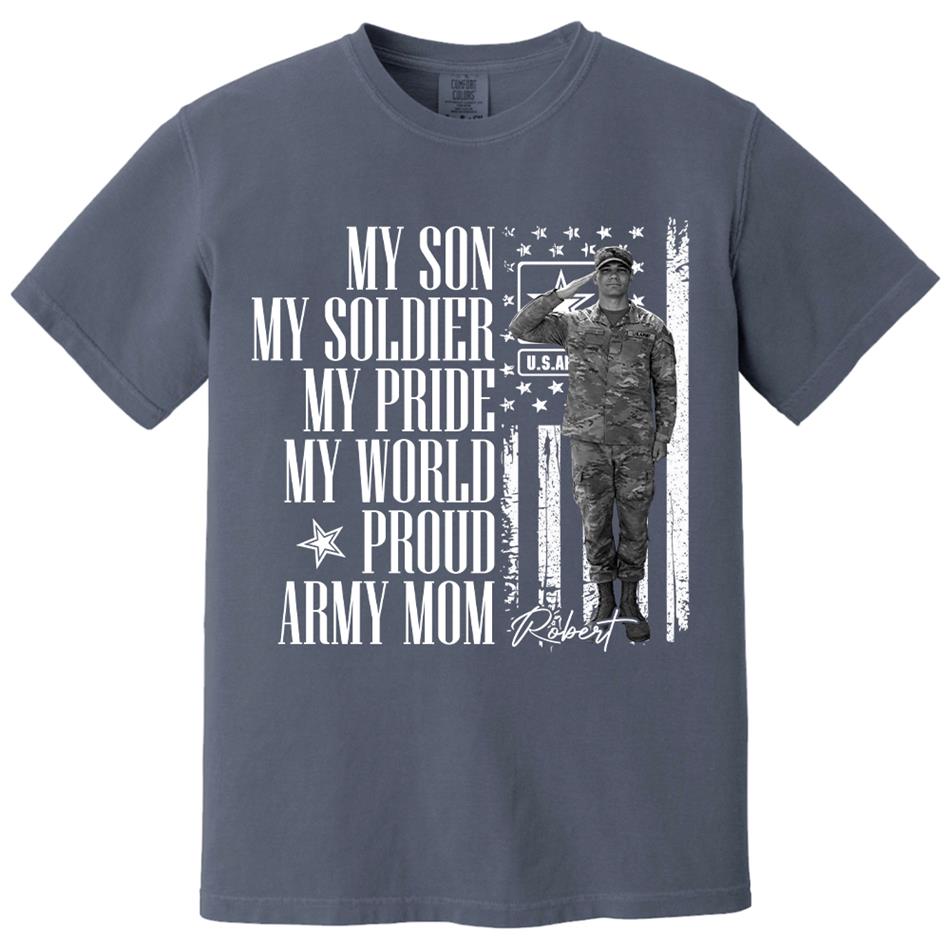 He Is Not Just A Soldier He Is My Son Grunge Flag Retro Vintage Photo - Personalized Shirt Custom Graduate Picture Shirt Military Family Matching Shirt H2511 Trna