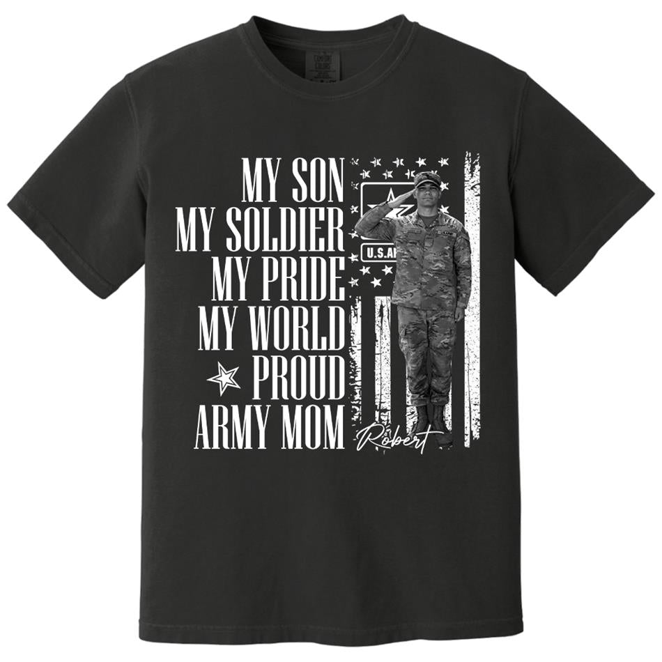 He Is Not Just A Soldier He Is My Son Grunge Flag Retro Vintage Photo - Personalized Shirt Custom Graduate Picture Shirt Military Family Matching Shirt H2511 Trna