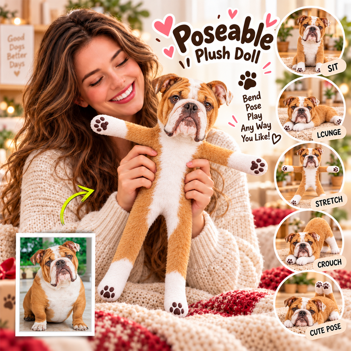 Personalized Bulldog Photo Pet Squishy Toy Poseable Plush Doll, Funny Gift For Dog Mom, Dad, Pet Lover T1807 T24 TL06