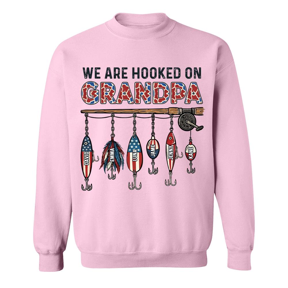 We Are Hooked On Grandpa Personalized Dad Grandpa Fishing Shirt, America 250th Anniversary, Father’s Day Gift for Grandpa Fisherman Na02 Hv01