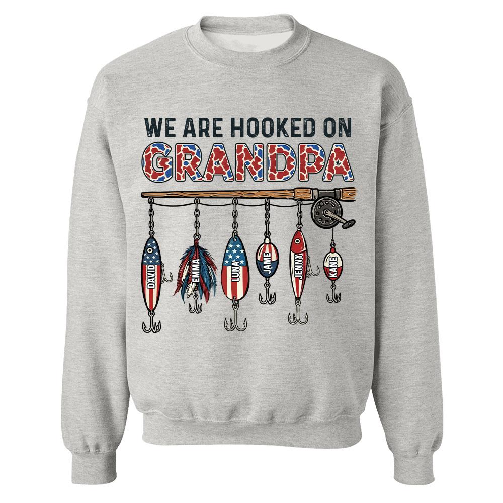 We Are Hooked On Grandpa Personalized Dad Grandpa Fishing Shirt, America 250th Anniversary, Father’s Day Gift for Grandpa Fisherman Na02 Hv01