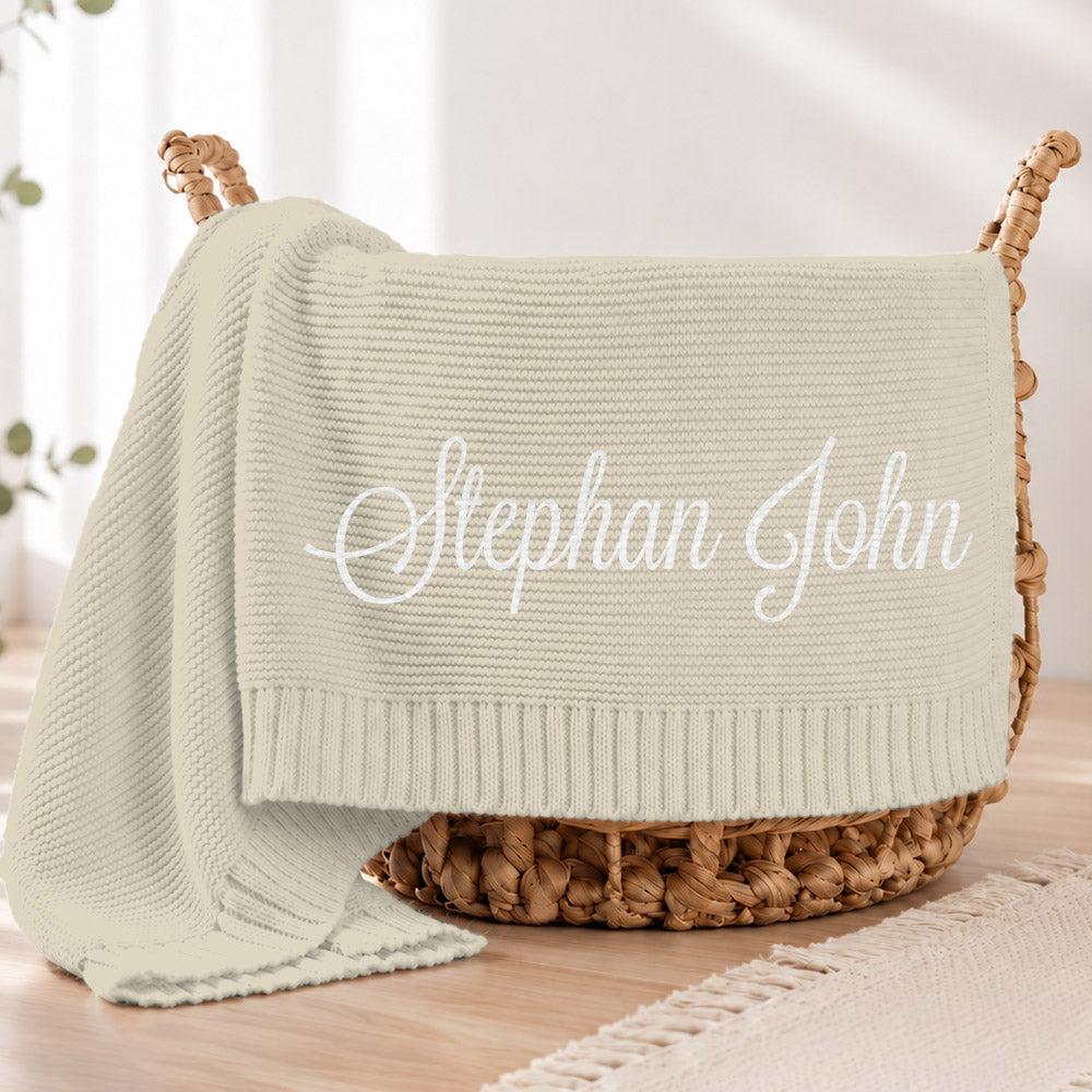 Embroidered Knit Baby Blanket, Soft Cotton Knit Baby Blanket, Custom Baby Name Blanket, Baby Shower Gift, Newborn Blanket, Keepsake Gift for Baby Pt99