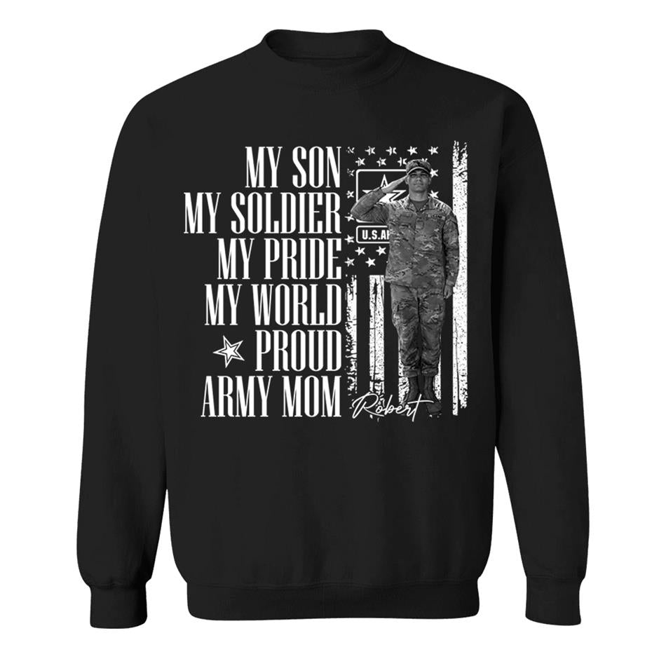 He Is Not Just A Soldier He Is My Son Grunge Flag Retro Vintage Photo - Personalized Shirt Custom Graduate Picture Shirt Military Family Matching Shirt H2511 Trna