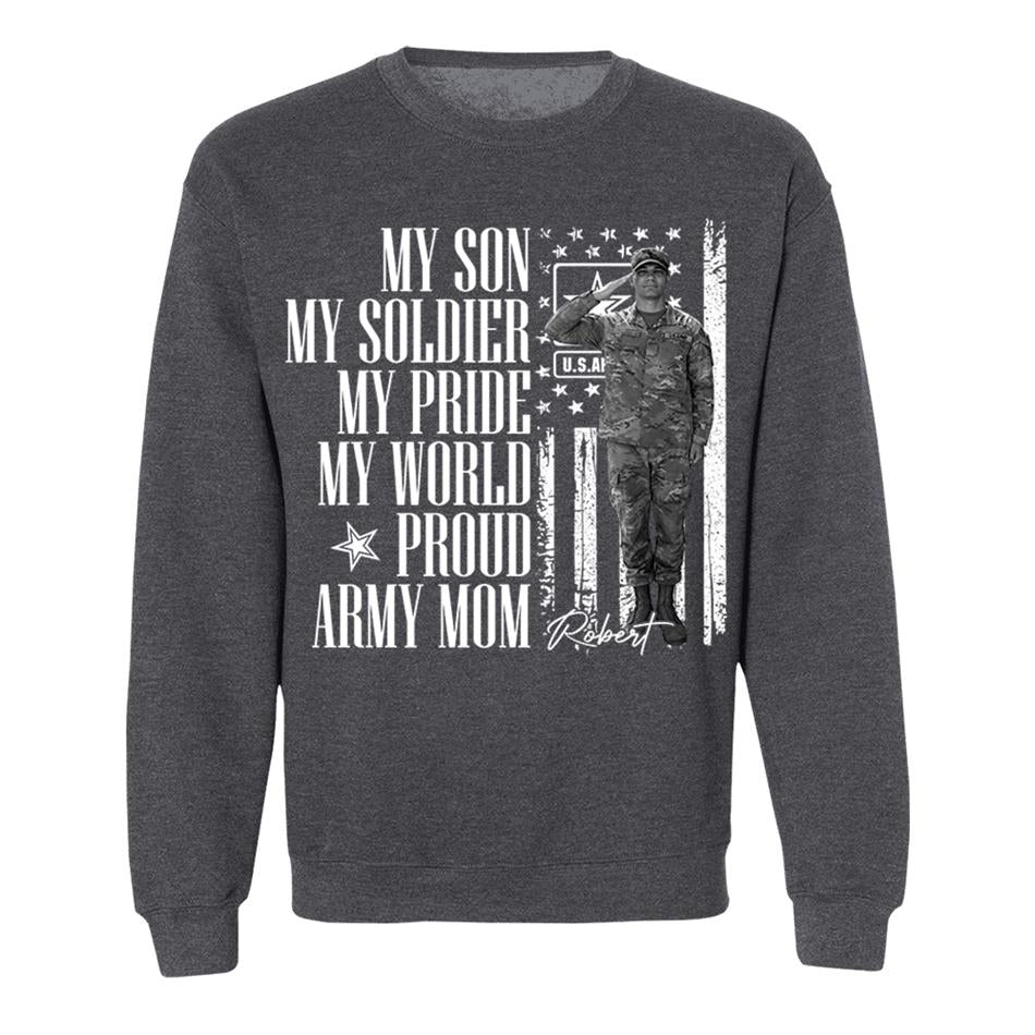 He Is Not Just A Soldier He Is My Son Grunge Flag Retro Vintage Photo - Personalized Shirt Custom Graduate Picture Shirt Military Family Matching Shirt H2511 Trna