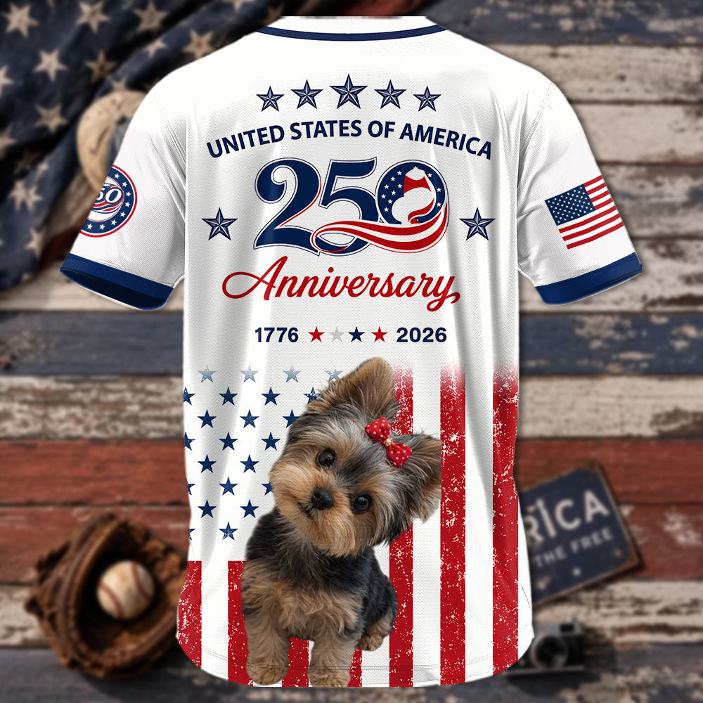 Custom Upload Photo Yorkshire Terrier USA 250th Anniversary Baseball Jersey 1776-2026 Patriotic Dog Lovers Shirt Pt99
