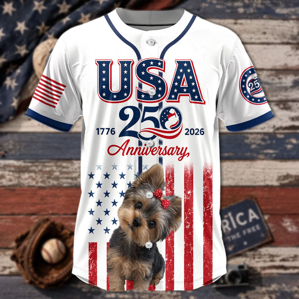 Custom Upload Photo Yorkshire Terrier USA 250th Anniversary Baseball Jersey 1776-2026 Patriotic Dog Lovers Shirt Pt99