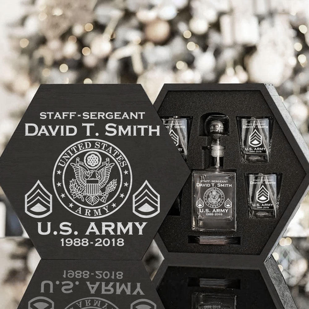 Custom Military Hexagon Decanter Set Full Custom Whiskey Decanter Set For US Military Retirement Gift H2511