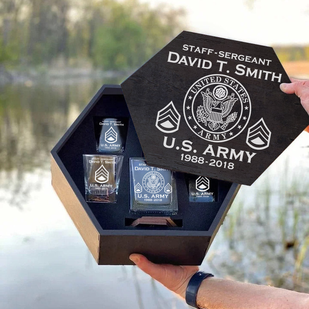 Custom Military Hexagon Decanter Set Full Custom Whiskey Decanter Set For US Military Retirement Gift H2511