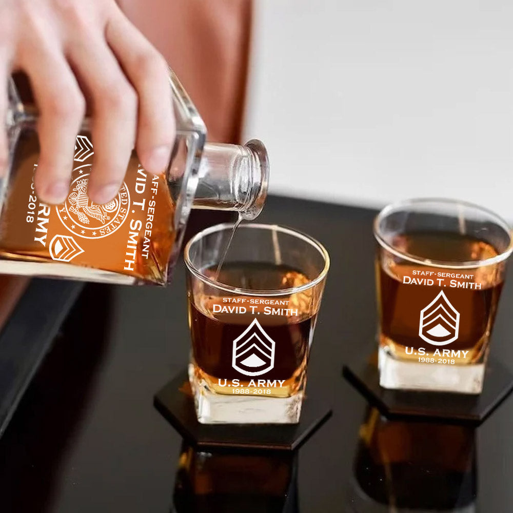 Custom Military Hexagon Decanter Set Full Custom Whiskey Decanter Set For US Military Retirement Gift H2511