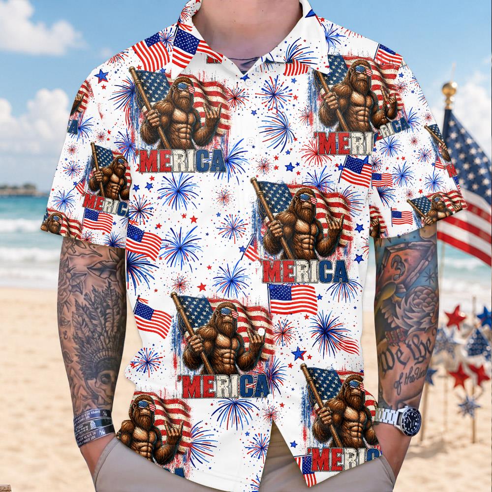 Dadsquatch Like A Dad, Just Way More Squatchy, 4th Of July Firework Bigfoot Hawaiian Shirt Independence Day Aloha Shirt Bigfoot Shirts, 4th Of July Gift USA Flag Shirt T1807 Nh00
