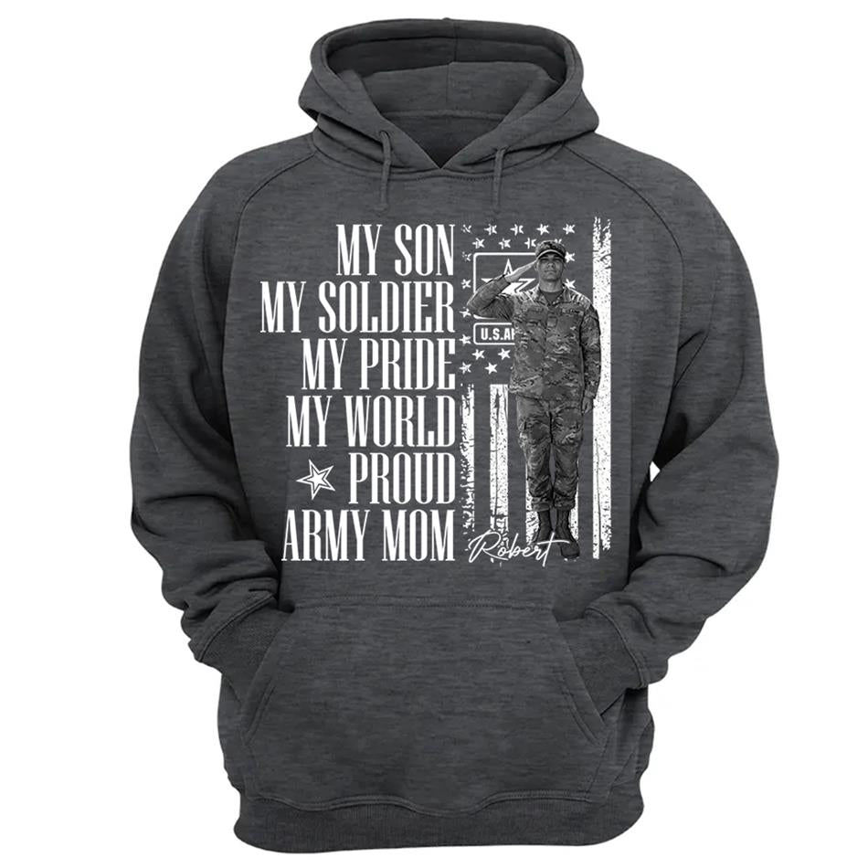 He Is Not Just A Soldier He Is My Son Grunge Flag Retro Vintage Photo - Personalized Shirt Custom Graduate Picture Shirt Military Family Matching Shirt H2511 Trna