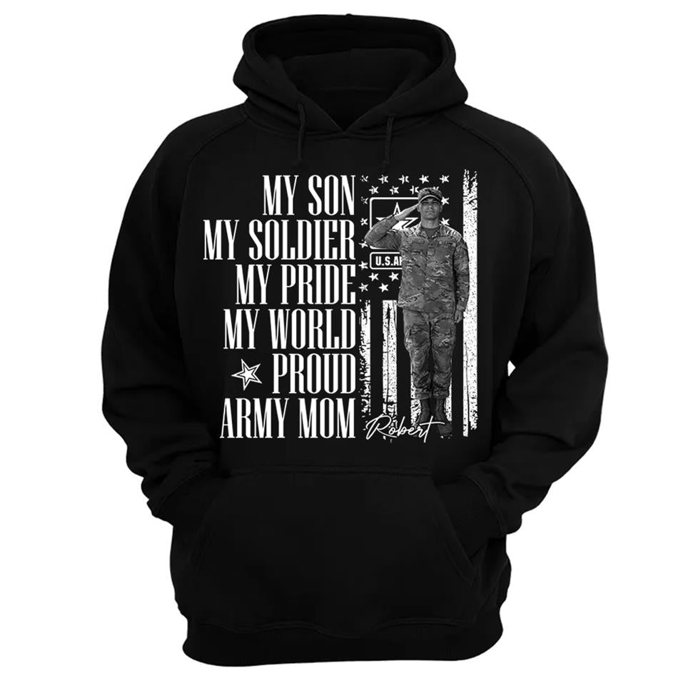 He Is Not Just A Soldier He Is My Son Grunge Flag Retro Vintage Photo - Personalized Shirt Custom Graduate Picture Shirt Military Family Matching Shirt H2511 Trna