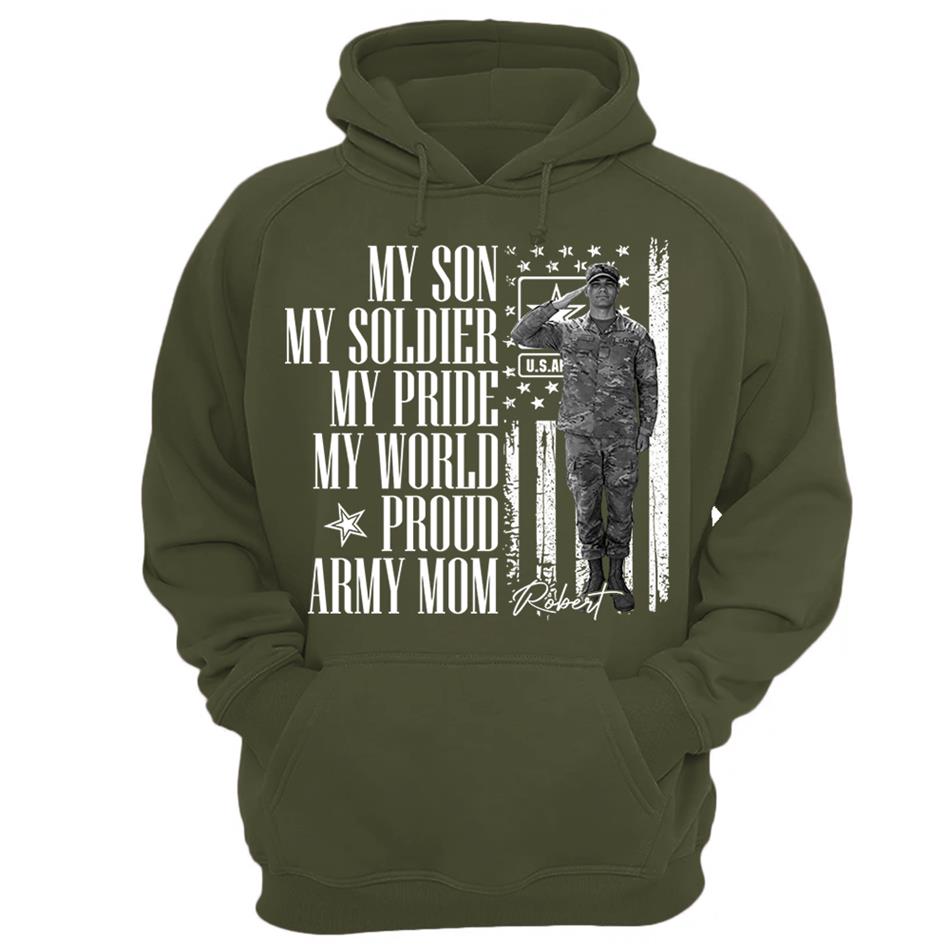 He Is Not Just A Soldier He Is My Son Grunge Flag Retro Vintage Photo - Personalized Shirt Custom Graduate Picture Shirt Military Family Matching Shirt H2511 Trna