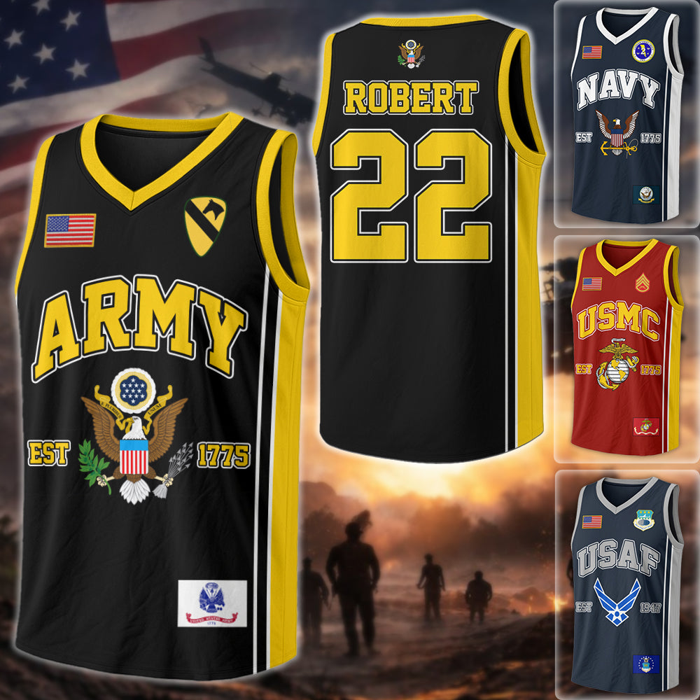 US Army Basketball Jersey Custom All Branches Rank Division Name For Military Retirement Veteran Dad Grandpa H2511 Trna