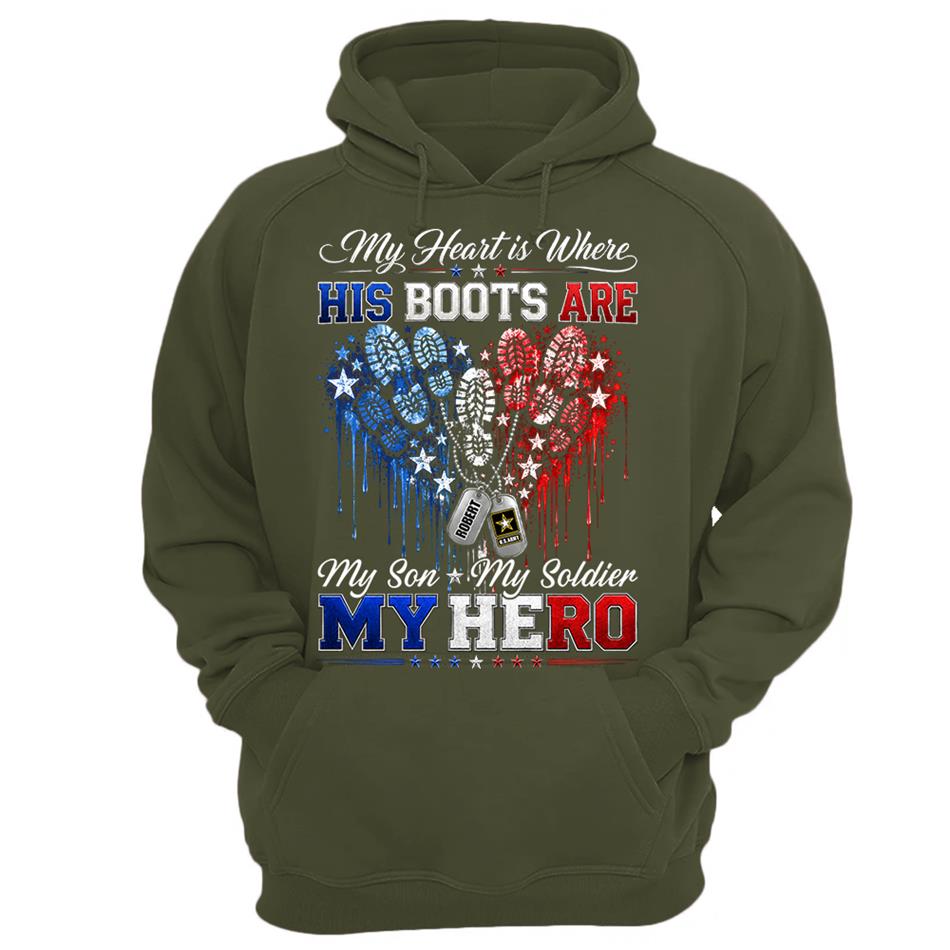 My Heart Is Where His Boots Are Shirt, My Son My Soldier My Hero, Patriotic Heart Flag For Military Mom Sister Grandma Shirt H2511 Trna