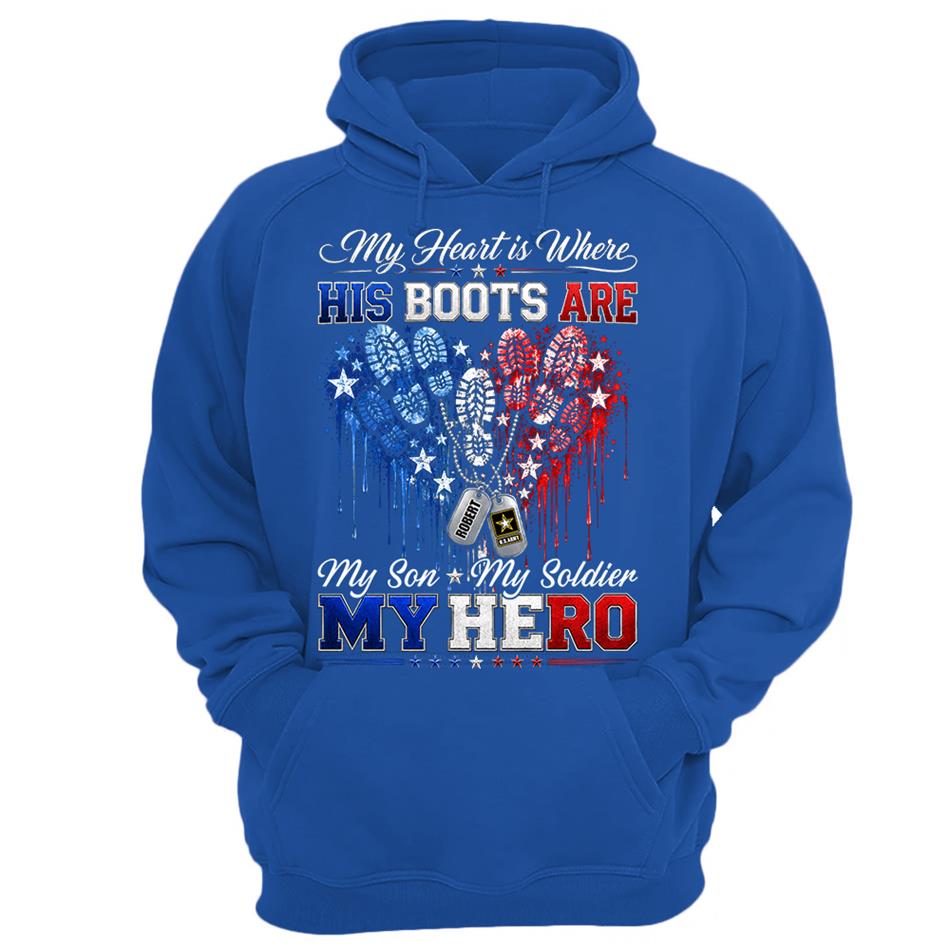 My Heart Is Where His Boots Are Shirt, My Son My Soldier My Hero, Patriotic Heart Flag For Military Mom Sister Grandma Shirt H2511 Trna
