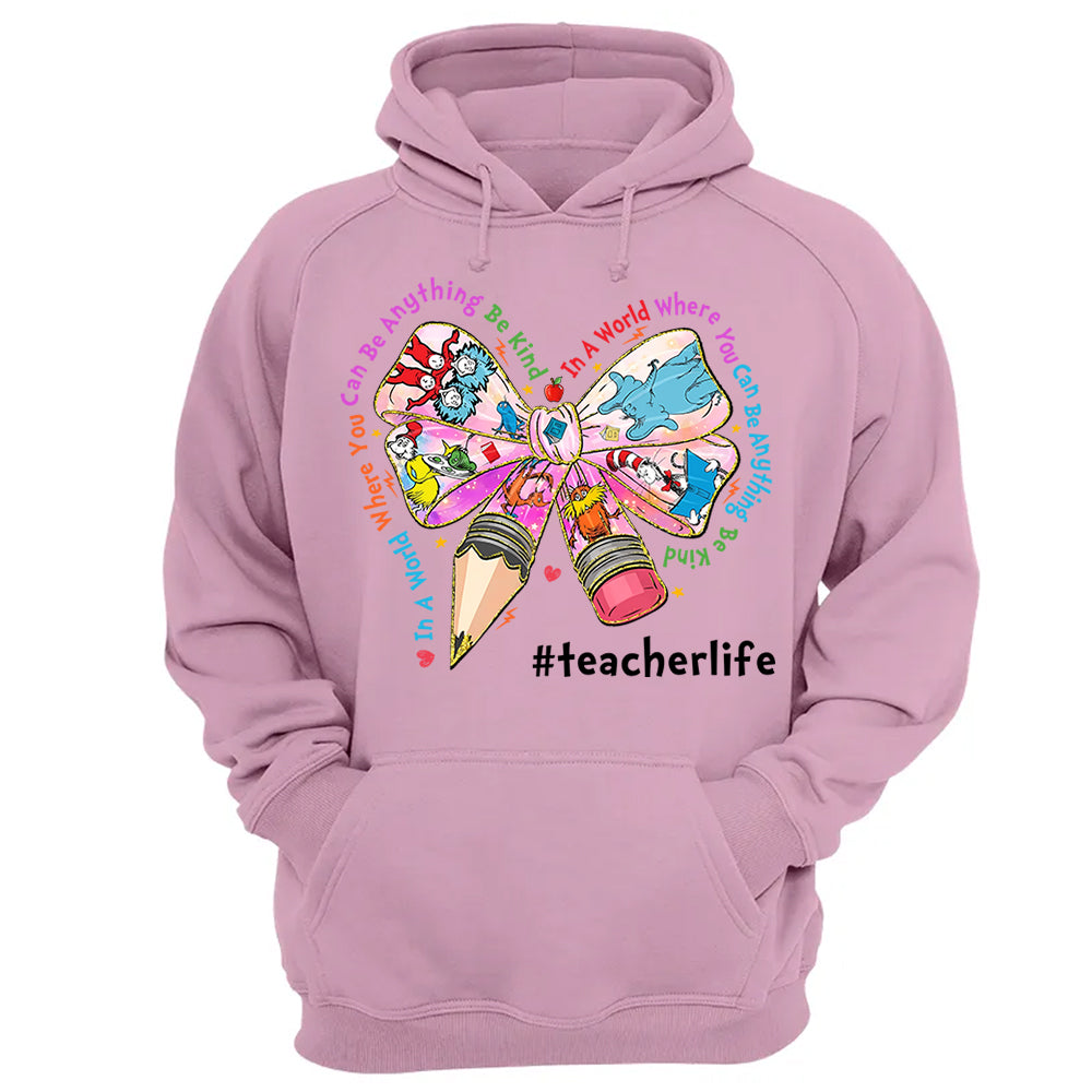 In A World Where You Can Be Anything Be Kind Custom Shirt Gift For Teacher Read Across America Day Coquette Reading Shirt H2511 Do99