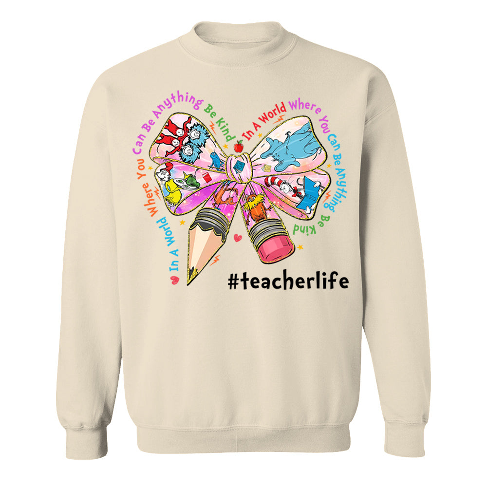 In A World Where You Can Be Anything Be Kind Custom Shirt Gift For Teacher Read Across America Day Coquette Reading Shirt H2511 Do99