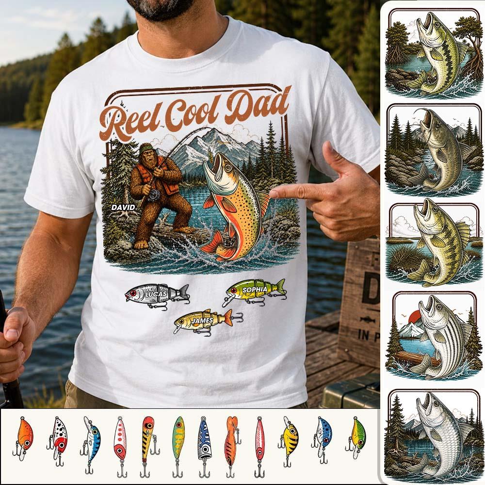 Reel Cool Dad Bigfoot Fishing Shirt, Personalized Dad Shirt With Custom Kids, Bigfoot Fisherman Father's Day Gift, Gift for Dad Na02 Nh00